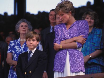 Prince William with Princess Diana at Wimbledon in 1991. (Photo by Manuela DUPONT/Gamma-Rapho via Getty Images)