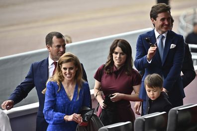 Princess Beatrice of York, Britain's Princess Eugenie of York and Edoardo Mapelli Mozzi arrive to attend the Platinum Jubilee Pageant outside Buckingham Palace in London, Sunday June 5, 2022, on the last of four days of celebrations to mark the Platinum Jubilee. 