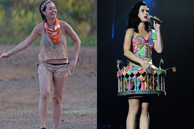 LOOK! Even sexy 'California Gurl' Katy looks mortified by dowdy 'African safari' Katy.<br/><br/>Tut, tut Miss Perry.