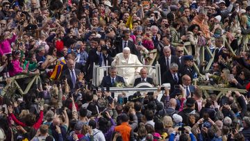 Pope Francis leaves after celebrating the Palm Sunday&#x27;s mass in St. Peter&#x27;s Square at The Vatican Sunday, April 2, 2023