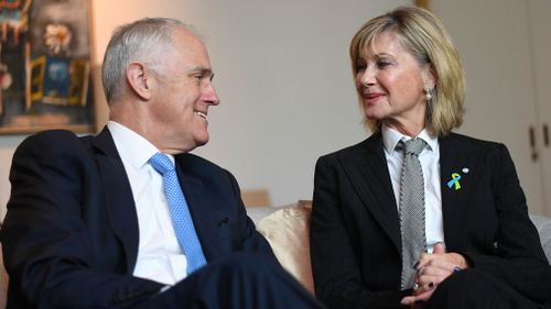 Malcolm Turnbull and Olivia Newton-John in Canberra today. (AAP)