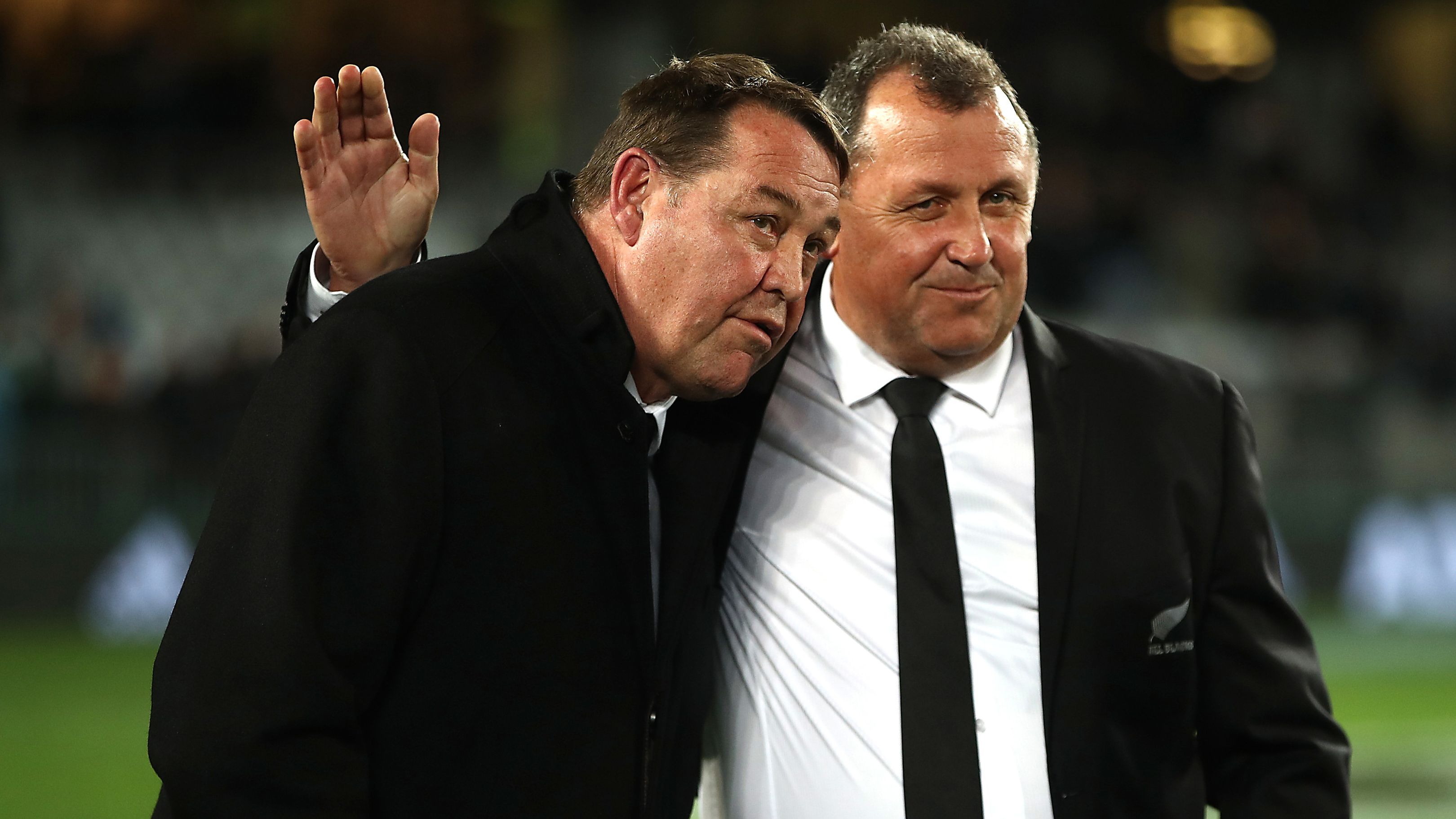 All Blacks coach Steve Hansen and assistant Ian Foster celebrate beating the Wallabies in 2019.