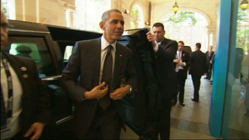 US president Barack Obama arrives at Queensland's Parliament House for the Leaders' Retreat function. (9NEWS)