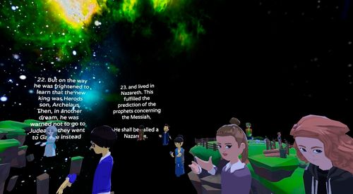 People represented by avatars pray together during a virtual reality worship service hosted by VR Church. 