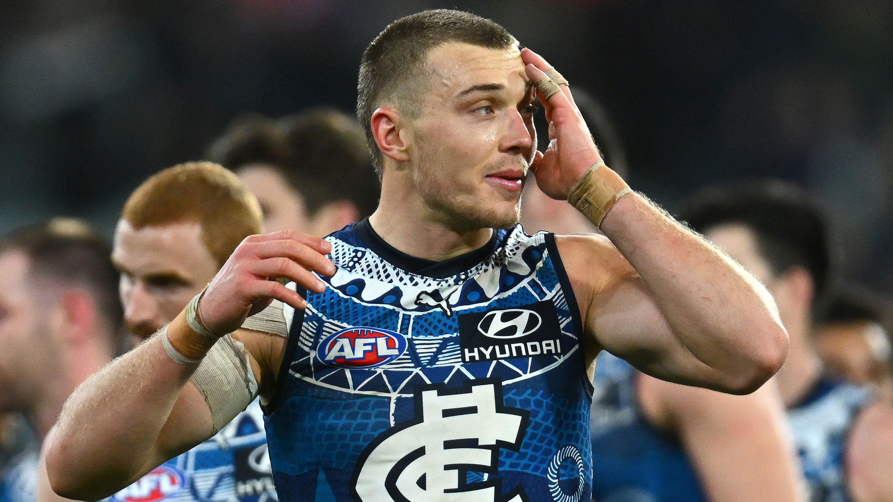MELBOURNE, AUSTRALIA - MAY 21: Patrick Cripps of the Blues looks dejected after losing the round 10 AFL match between Carlton Blues and Collingwood Magpies at Melbourne Cricket Ground, on May 21, 2023, in Melbourne, Australia. (Photo by Quinn Rooney/Getty Images)