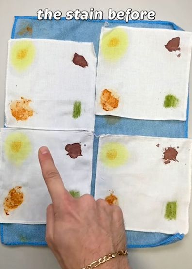 Swatches of stained fabric to test whether hot water really does set stains.