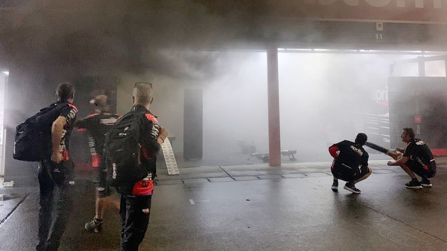 A fire broke out in the garage of the Marc VDS Moto2 ahead of the Japanese Grand Prix at Motegi, north of Tokyo. Picture: Twitter/Borja González 