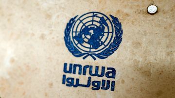 UNRWA&#x27;s lettering on a sign at the girls&#x27; school in the Talibeh refugee camp