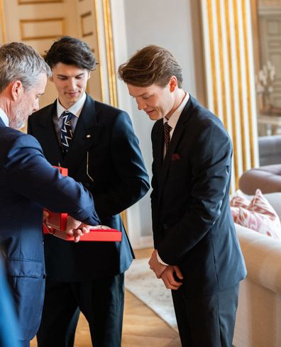 King Frederik X awards his nephews Count Nikolai and Count Felix of Monpezat with the Grand Cross of the Order of Dannebrog at Frederik VIII's Palace, Amalienborg, on Monday May 26, 2025.