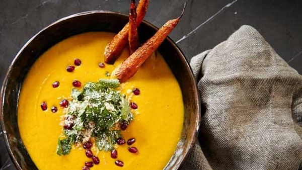 Carrot and coconut soup with roasted baby carrots and coconut sambal