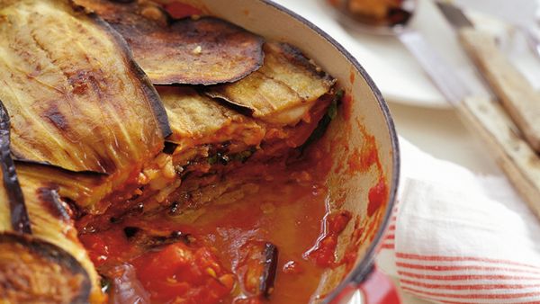 Neil Perry's eggplant parmigiana with tomato sauce and basil oil