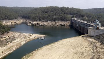 A photo of low levels of water in the Warragamba Dam at the end of January this year. 