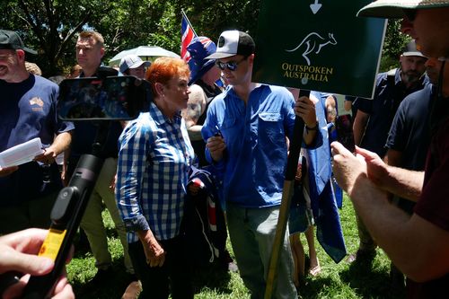 Pauline Hanson speaks to crowds at the Australia Marches rally in Brisbane on Australia Day.