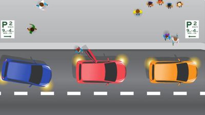 Can the blue car leave the school pick-up zone ahead of the cars in front?