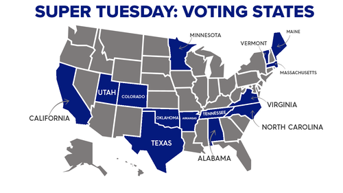 The states voting on Super Tuesday, representing more than a third of the population of the United States.