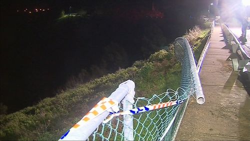 A 22-year-old man's ute careered down the cliff edge, but he managed to jump out just before hitting the water. Picture: 9NEWS 
