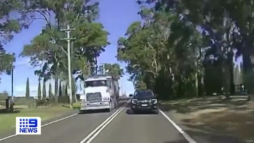 Footage from another vehicle's dashcam shows the truck sitting behind cars in an 80km/h zone on Old Northern Road at Middle Dural in Sydney's north-west.The truck noses over the double white lines and onto the wrong side of the road as it overtakes.