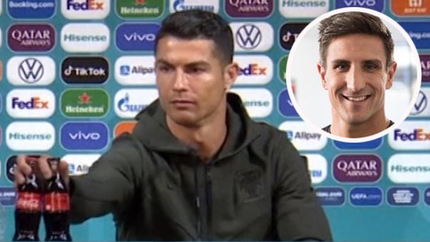 Cristiano Ronaldo removes two Coca-Cola bottles from a press conference and (inset) Matthew Pavlich.