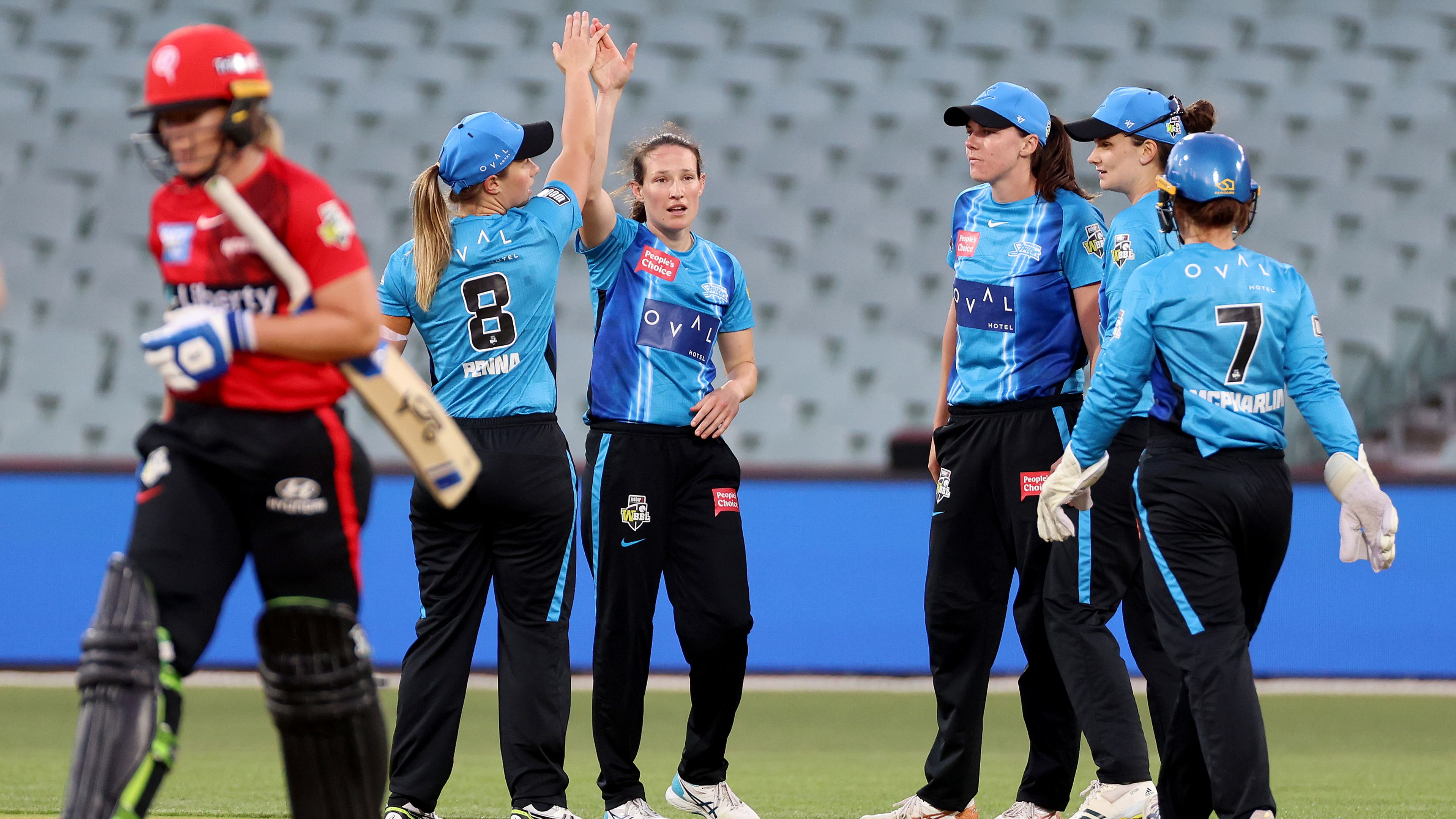 Megan Schutt of the Adelaide Strikers celebrates a wicket during the &quot;The Challenger&quot; Women&#x27;s Big Bash League Finals match against the Melbourne Renegades.