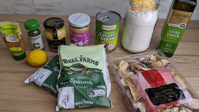 Pantry ingredients for coconut-creamed spinach