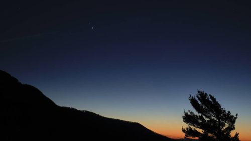 Saturn, top, and Jupiter, below, are seen after sunset from Shenandoah National Park, in Virginia. The two planets are drawing closer to each other in the sky as they head towards a "great conjunction" on December 21, where the two giant planets will appear a tenth of a degree apart.