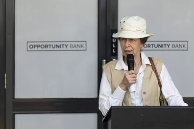 Princess Anne speaks as she officially opens a branch of the Opportunity Bank in Nakivale refugee settlement, in southwestern Uganda, Wednesday, Oct. 26, 2022. 