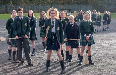 Louisa Harland as Orla McCool (centre) in comedy Derry Girls.