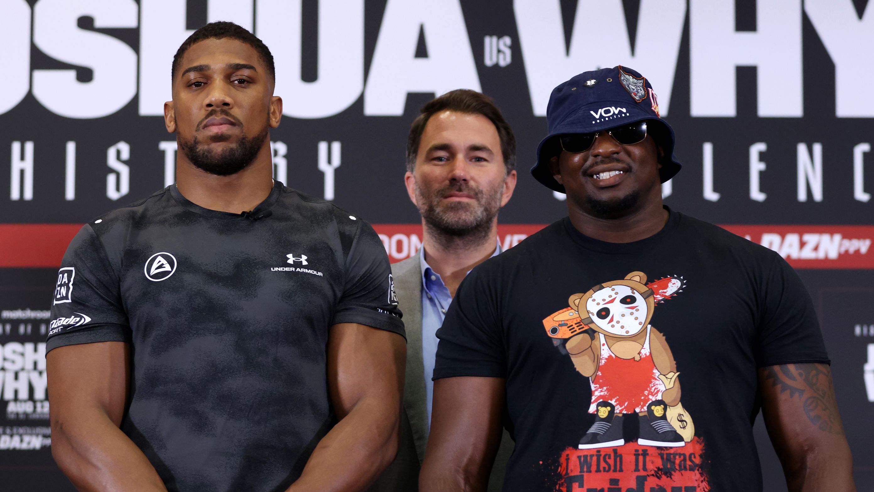 Anthony Joshua (left) with promoter Eddie Hearn (middle) and Dillian Whyte (right) during a press conference.