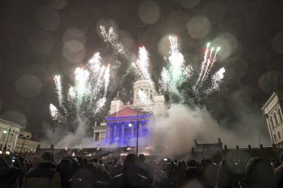 Helsinki Cathedral lights up as&nbsp;as people celebrate New Year 2019 on the Senate Square in Helsinki, Finland.