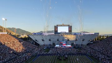 Fireworks explode in the sky during a July Fourth celebration at LaVell Edwards Stadium, Thursday, July 4, 2024 in Provo, Utah.