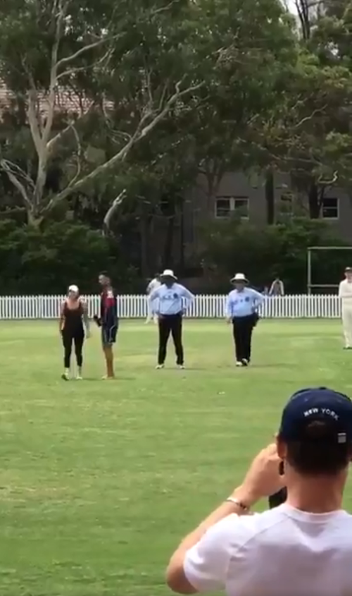 The woman stormed the field to complain about the cricket taking place "every Saturday" near her home. (Twitter/Ollie Pope)