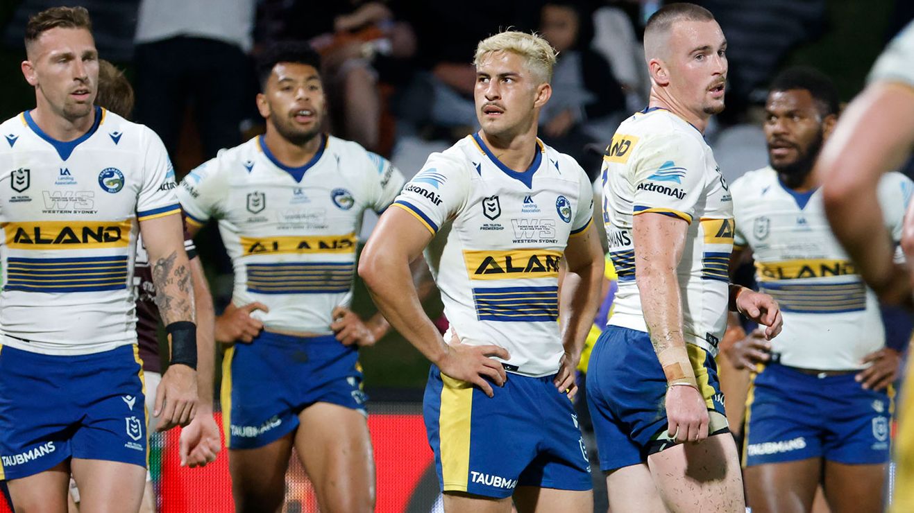  Eels players react after conceding a try during the round 22 NRL match between the Manly Sea Eagles and the Parramatta Eels at Sunshine Coast Stadium, on August 14, 2021, in Sunshine Coast, Australia. (Photo by Glenn Hunt/Getty Images)