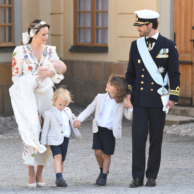 Prince Carl Philip, Princess Sofia, Prince Alexander, Prince Gabriel and Prince Julian attend Prince Julian's baptism outside Drottningholm Castle Chapel on August 14, 2021