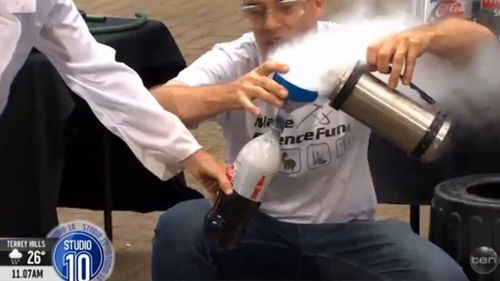 Cola combined with liquid nitrogen provides an explosive reaction. (Image: Network Ten)