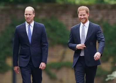 LONDON, ENGLAND - JULY 01: Prince William, Duke of Cambridge (left) and Prince Harry, Duke of Sussex arrive for the unveiling of a statue they commissioned of their mother Diana, Princess of Wales, in the Sunken Garden at Kensington Palace, on what would have been her 60th birthday on July 1, 2021 in London, England. Today would have been the 60th birthday of Princess Diana, who died in 1997. At a ceremony here today, her sons Prince William and Prince Harry, the Duke of Cambridge and the Duke o