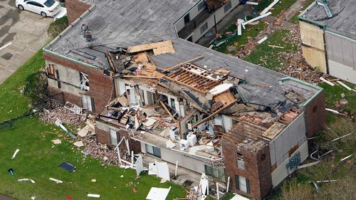 An apartment building is damaged on Aug. 27 after Hurricane Laura went through the area near Lake Charles, La.