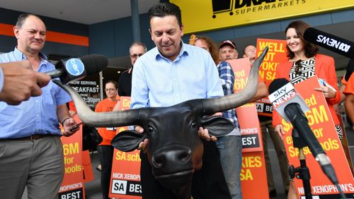 SA Best leader Nick Xenophon deployed a plastic bull's head prop in his final pitch to voters. (AAP)