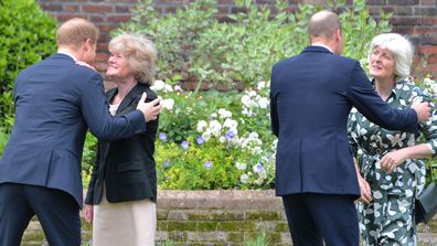 LONDON, ENGLAND - JULY 01: Prince Harry, Duke of Sussex and Prince William, Duke of Cambridge greet their aunts Lady Sarah McCorquodale (second left) and Lady Jane Fellowes (right) during the unveiling of a statue they commissioned of their mother Diana, Princess of Wales, in the Sunken Garden at Kensington Palace, on what would have been her 60th birthday on July 1, 2021 in London, England. Today would have been the 60th birthday of Princess Diana, who died in 1997. At a ceremony here today, he