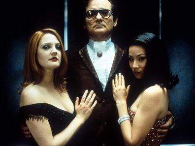 Drew Barrymore, Bill Murray dan Lucy Liu di lokasi syuting Charlie's Angels.