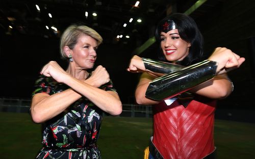 Bishop showed off her superhero stance alongside Wonder Woman. (AAP)