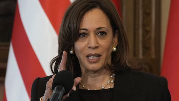 US Vice President Kamala Harris speaks during a joint press conference with Poland&#x27;s President Andrzej Duda on the occasion of their meeting at Belwelder Palace, in Warsaw, Poland, Thursday, March 10, 2022