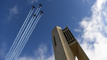 CANBERRA, AUSTRALIA - JUNE 04: A Royal Australian Airforce flypast in front of the Carillon during the renaming ofAspen Island in honour of Queen Elizabeth II as part of the Queen&#x27;s Platinum Jubilee Celebrations on June 04, 2022 in Canberra, Australia. The Australian Government has renamed Aspen Island on Lake Burley Griffin to Queen Elizabeth II Island, in Her Majesty&#x27;s honour to as part of The Queen&#x27;s Platinum Jubilee celebrations marking 70 years of the Queen&#x27;s dedication and service to Austr