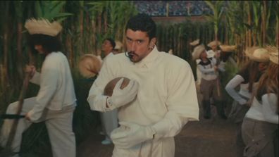 Bad Bunny performs onstage during the Apple Music Super Bowl LX Halftime Show at Levi's Stadium on February 08, 2026 in Santa Clara, California.