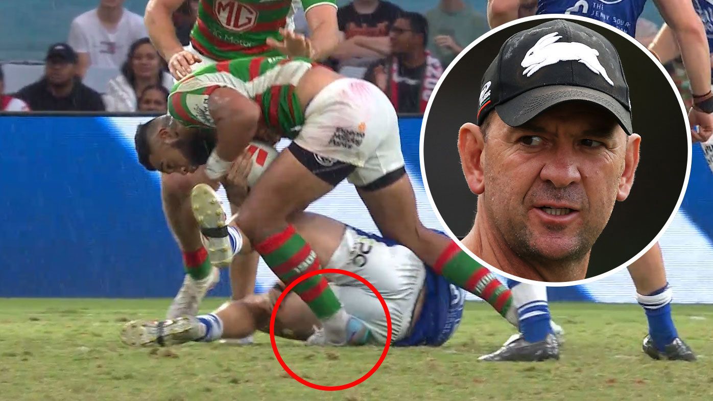 Izack Thompson was left with an ankle sprain after a hip drop tackle from Jacob Preston. INSET: Rabbitohs coach Jason Demetriou