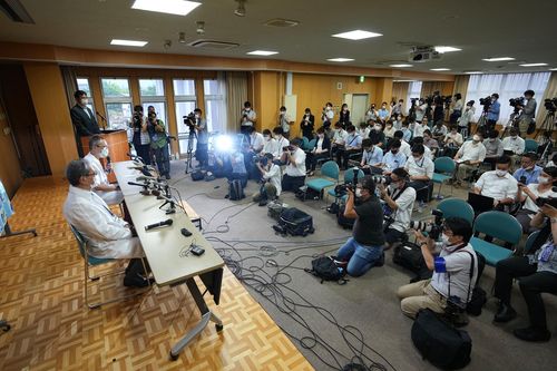 Nara Medical University emergency department chief Hidetada Fukushima answers questions from media during a press conference at Nara Medical University Friday, July 8, 2022, in Kashihara, Nara Prefecture, western Japan. 