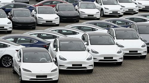 Teslas stationed in a storage area in the Zeebrugge port, northern Belgium. (John Thys/AFP/Getty Images via CNN)