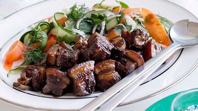 Kylie Kwong's <a href="http://kitchen.nine.com.au/2016/05/16/18/20/kylie-kwong-caramelised-pork-belly-with-chinese-coleslaw" target="_top">Caramelised pork belly with Chinese coleslaw</a> recipe