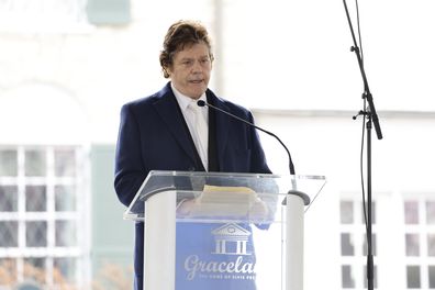 Jerry Schilling speaks at the public memorial for Lisa Marie Presley on January 22, 2023 in Memphis, Tennessee. 