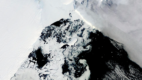 Scientists are concerned because an ice shelf the size of Rome collapsed in East Antarctica. This satellite image provided by NASA, Aqua MODIS 21 on March 2022 shows the two pieces of C-38 (A and B icebergs) next to the main piece of C-37 at the top. 