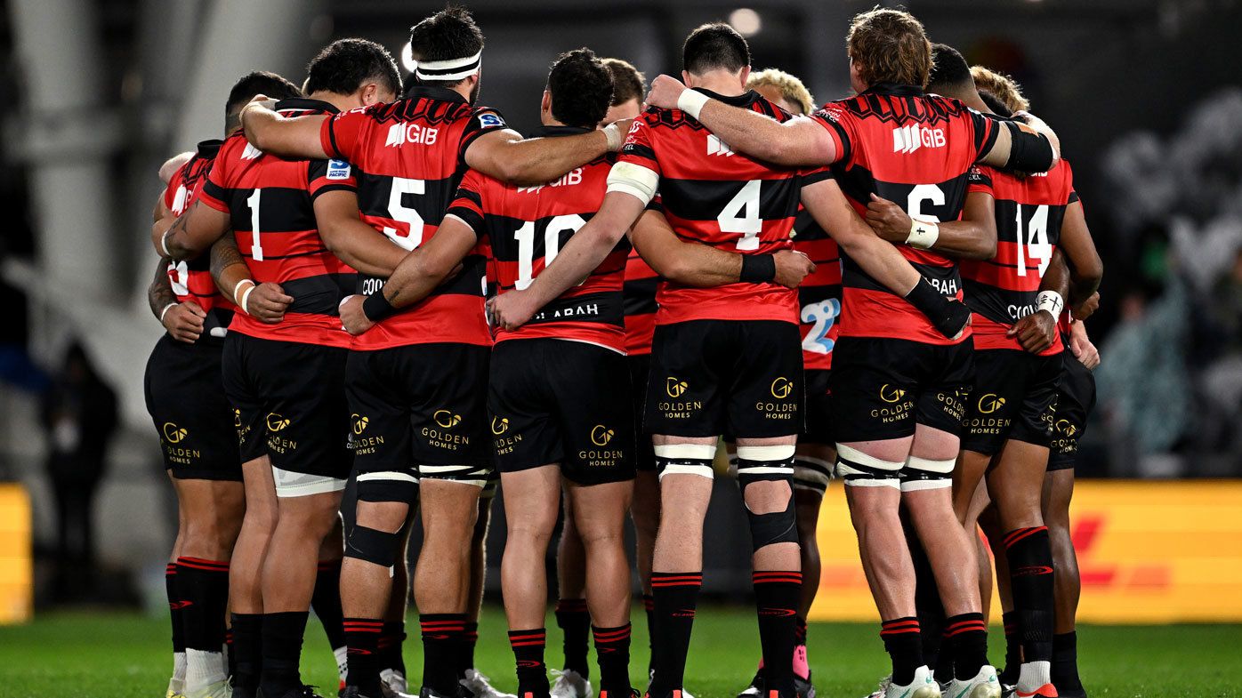 The Crusaders form a huddle during the round 12 Super Rugby Pacific match between Highlanders and Crusaders at Forsyth Barr Stadium, on May 11, 2024, in Dunedin, New Zealand.